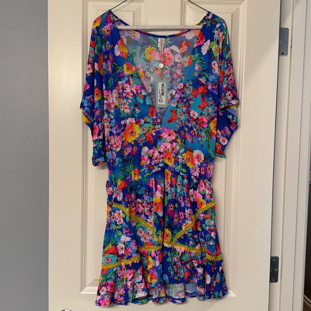 Lulu Fama playera stitched ruffle dress in water blossom: NWT, size L - Picture 3 of 6